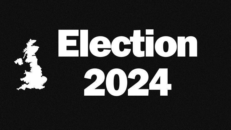 Black Rectangle with a white map of Britain on the left and the words Election 2024 taking up most of the image.