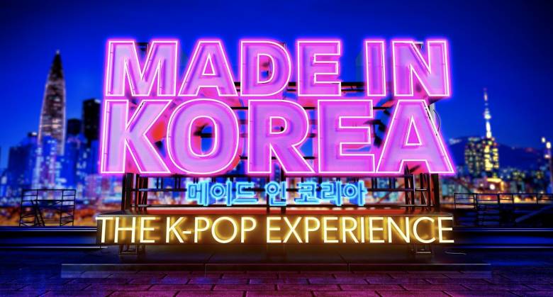 Key art for Made in Korea: The K-Pop Experience, featuring the title in large, neon lights against the backdrop of a city skyline.