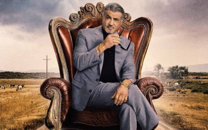 Tulsa King Season 2 Key Art Sylvester Stallone sitting in a throne like chair.